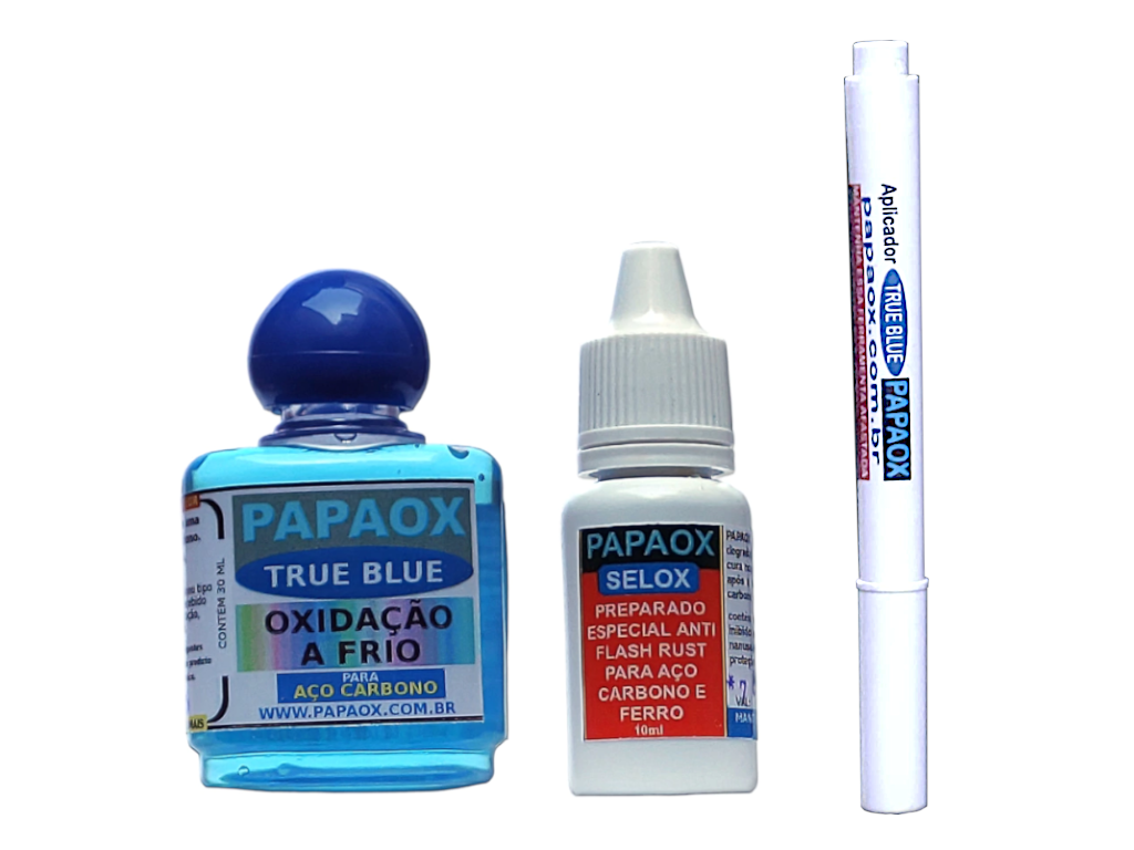 Kit PAPAOX TRUE BLUE com selador e aplicador – Oxidação negro-azulada em aço carbono